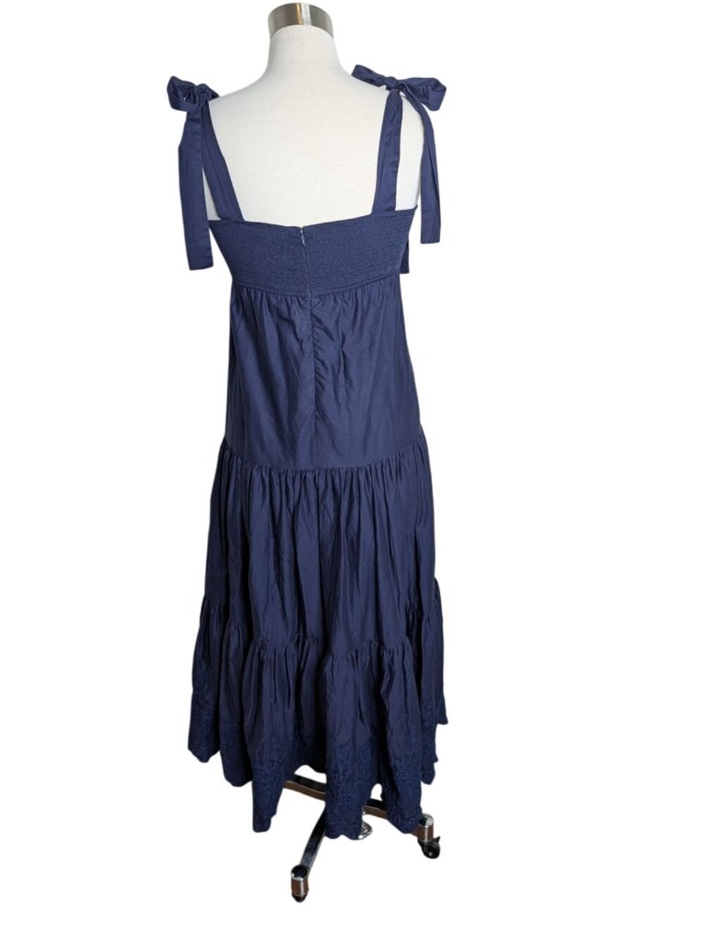 Jason Wu Tiered Embroidered Eyelet Maxi Dress Navy Shoulder Bow Ties Size S - Picture 3 of 14
